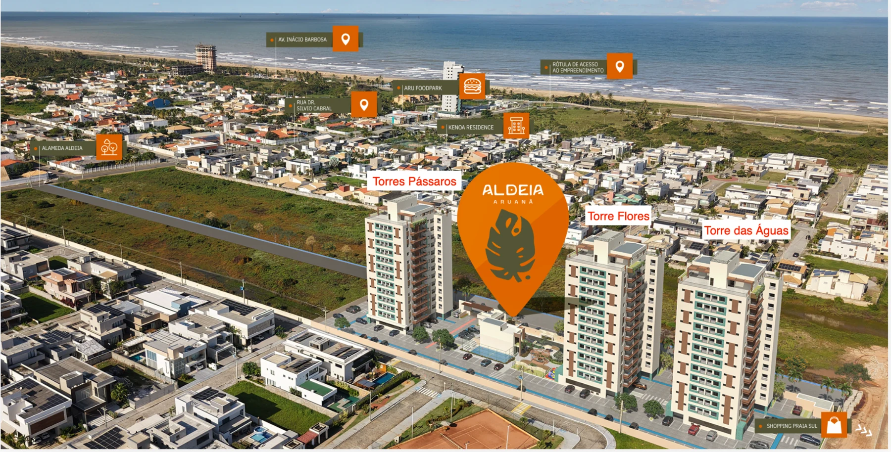 Vista aérea do Aldeia Aruanã com referências de localização identificadas na imagem