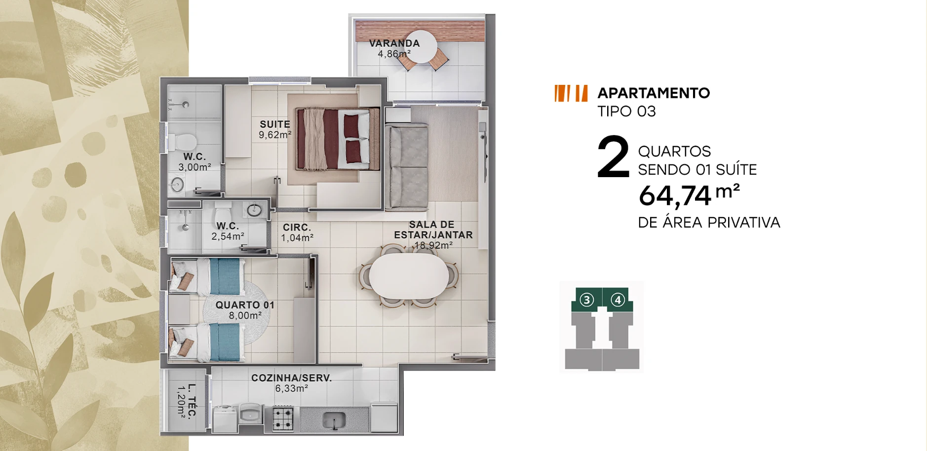 Planta humanizada 2 quartos · 64,74 m²