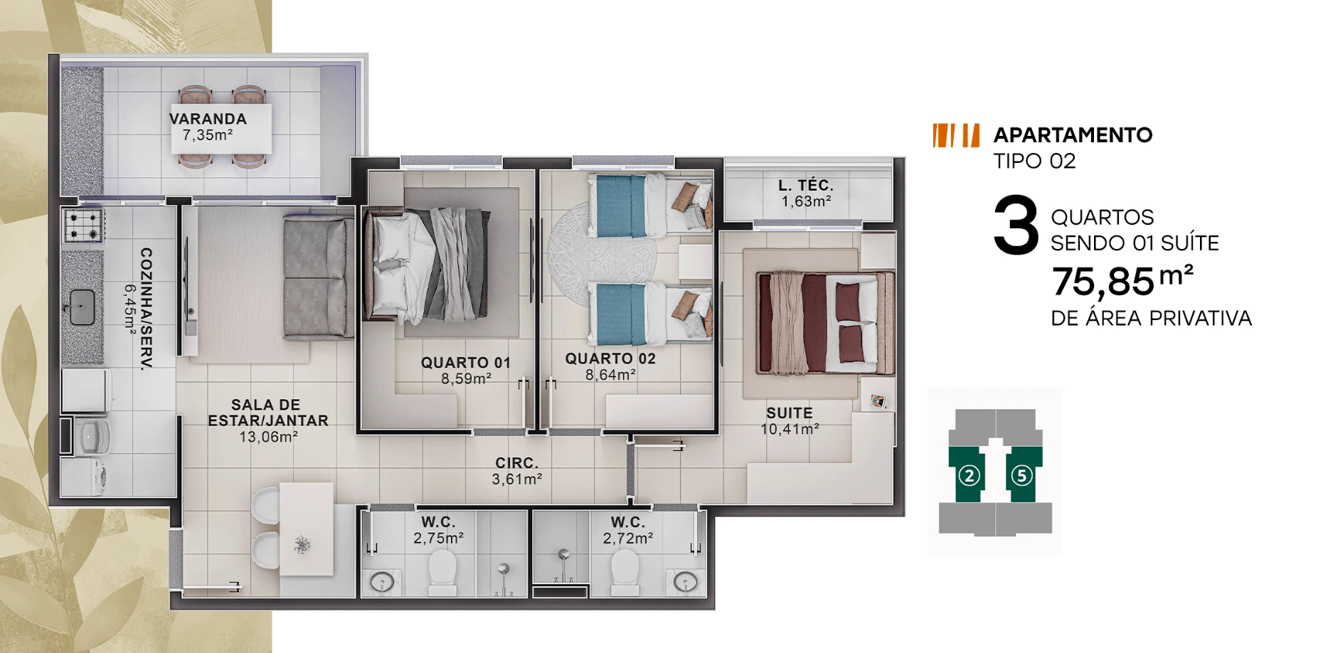 Planta humanizada 3 quartos · 75,85 m²