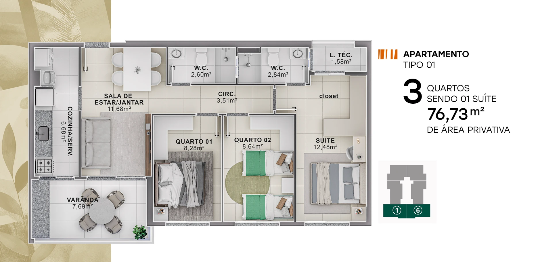 Planta humanizada 3 quartos · 76,73 m²